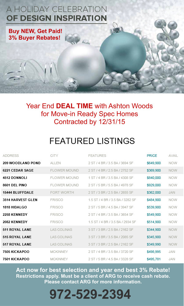 Ashton Woods Dallas Fort Worth Yearend New Home Sale Event! 3% Cash Back on top of the best deals of the year!