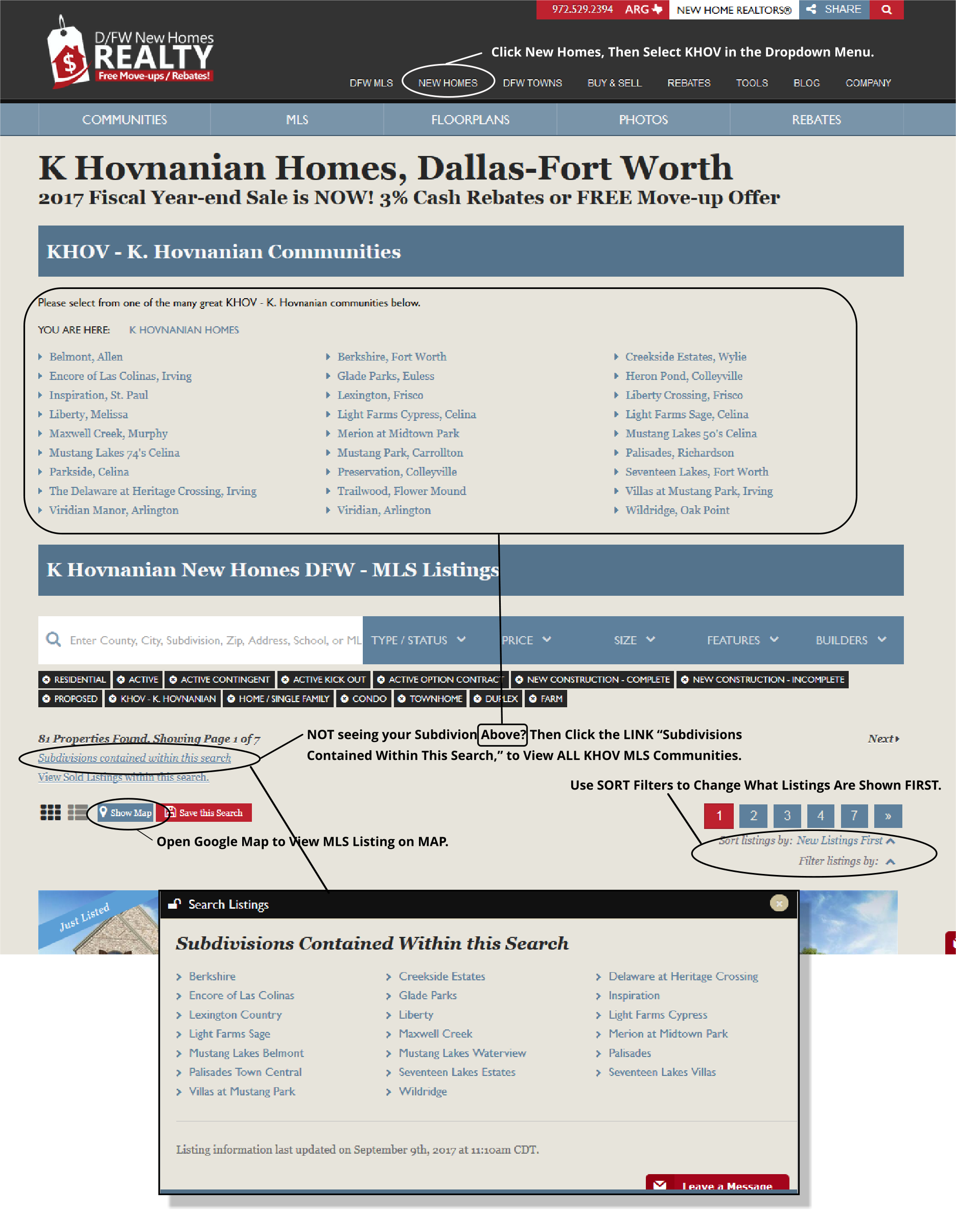 how to find all KHOV Communities or Subdivisions in DFW MLS on this website