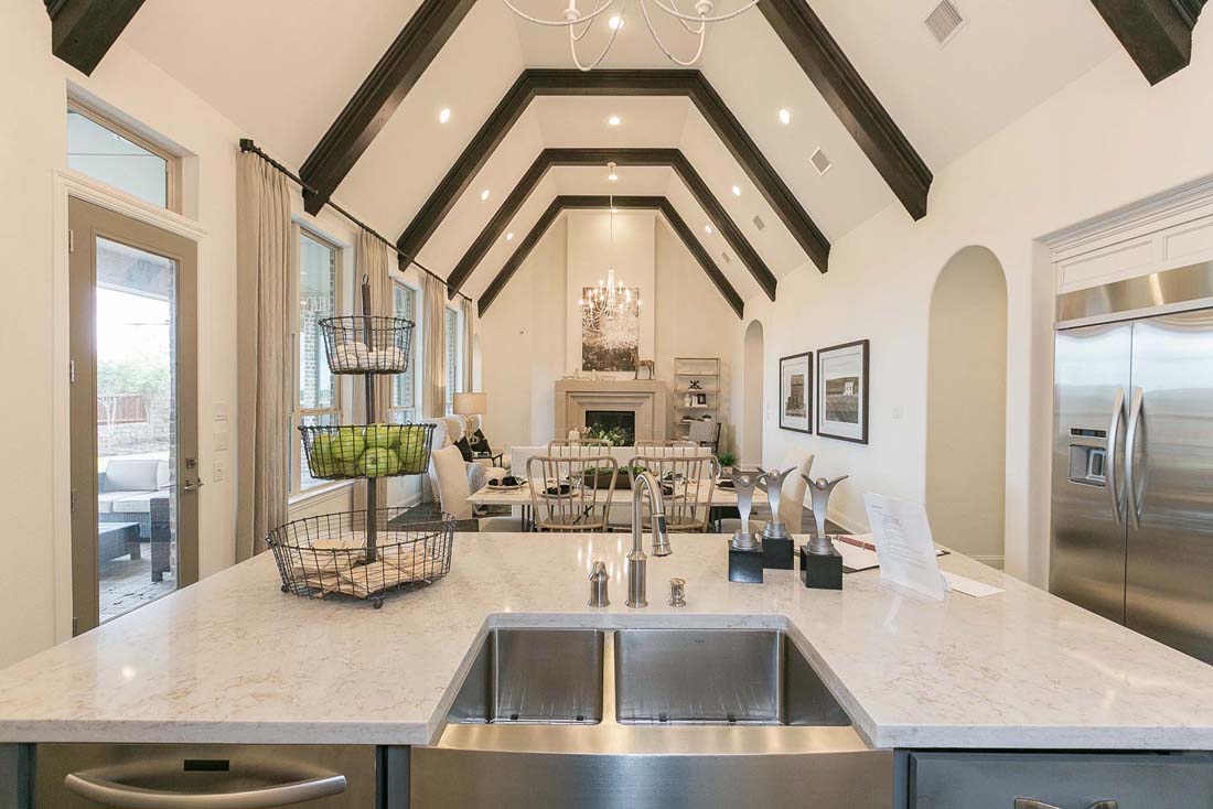 Open kitchen through to living room in Huntington home